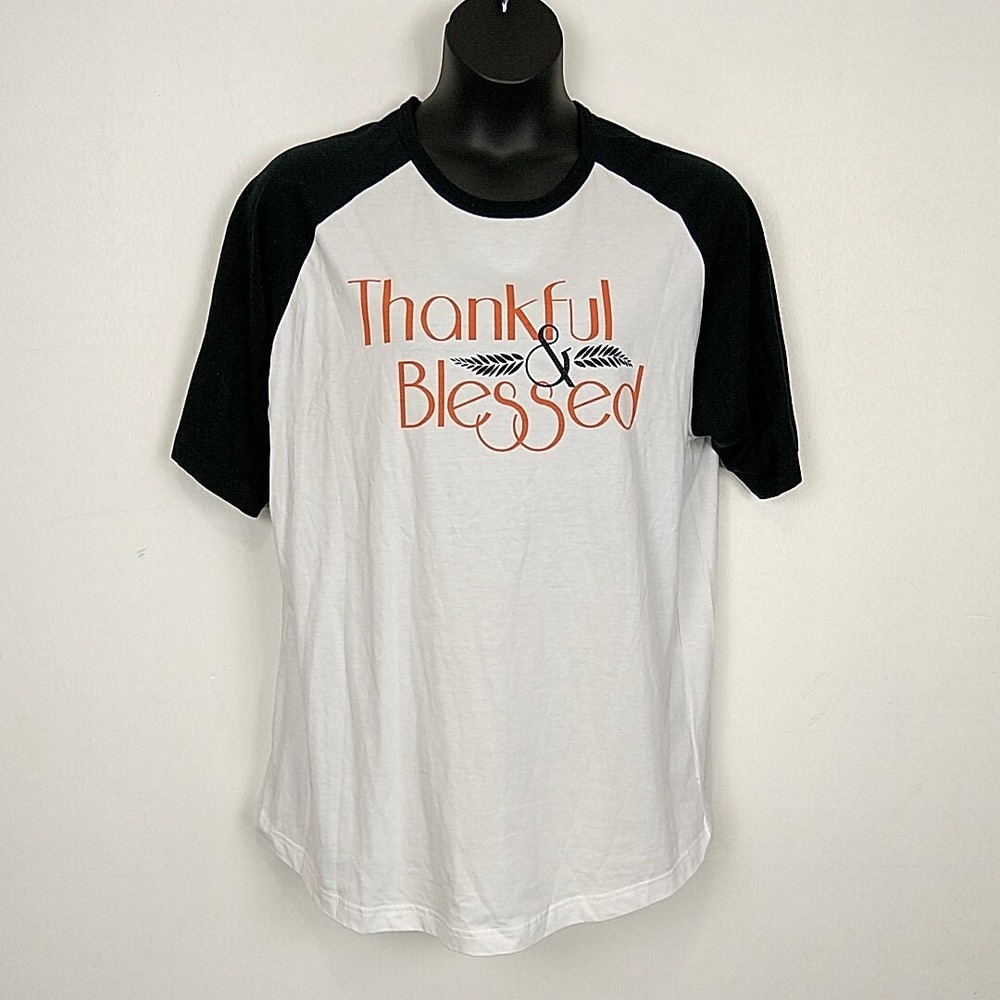 Boutique Womens sz XL T Shirt Short Raglan Sleeve White Black Thankful & Blessed